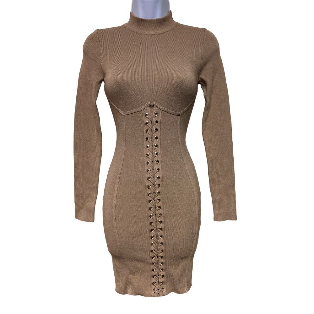 HERA Collection Tan Knit Lace Front Sweater Dress Long Sleeve Body Con Small